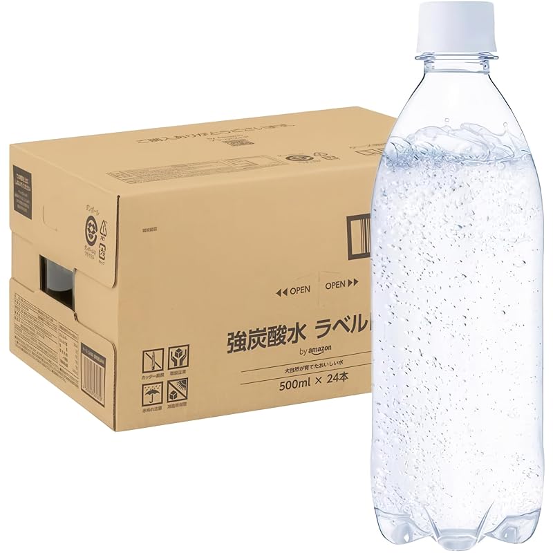 Amazon Sparkling Water, Label-Free, 500ml x 24 Bottles, Highly Carbonated, 500ml PET Bottle (Smart Basic)