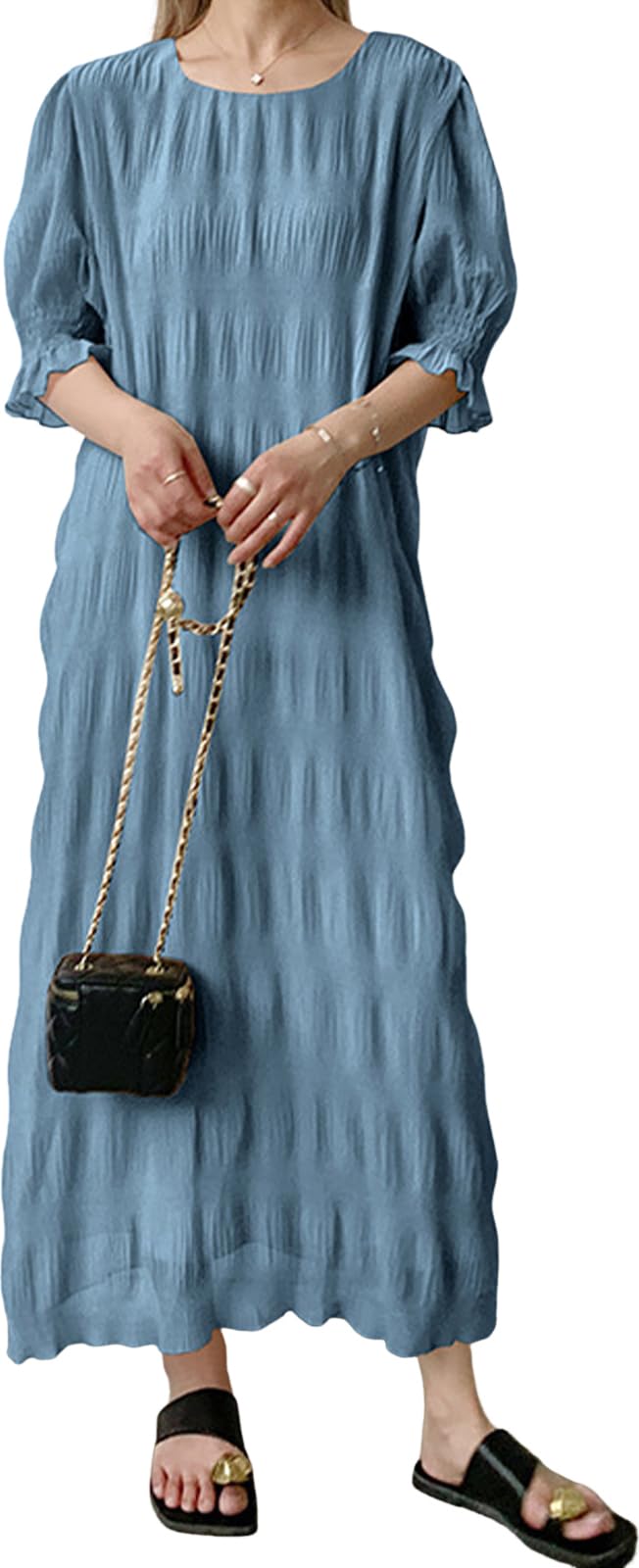 

MRLuse Long Sleeve Shirred Chiffon Round Plus One Covers Upper Back Pleated Dress, 3/4 Dress, Soft, Neck, Spring, Summer, Fall, Women s, Sizes, Color, синий