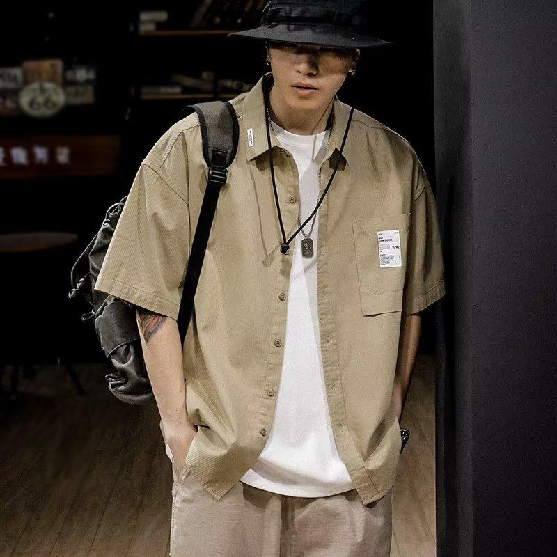 Men's Summer Loose Short Sleeve American Work Shirt, Trendy Japanese Retro Cardigan Button-Down, Plus Size Available.