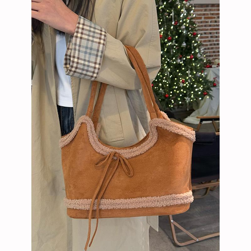 Vintage matte lamb plush tote bag women's new large-capacity bow shoulder bag commuter armpit bag