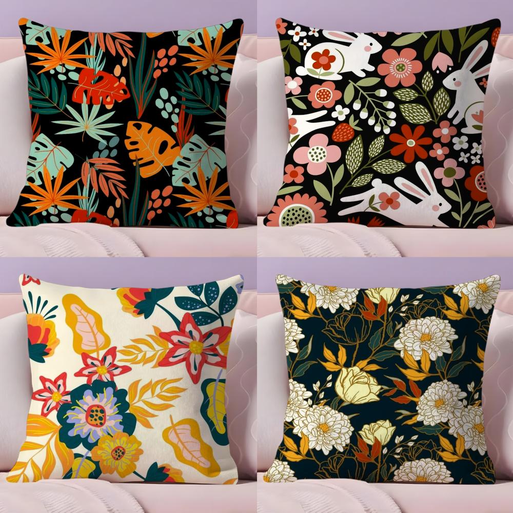 Fresh Floral Pattern Cushion Cover Plush Fabric Soft Double-Sided Printed Invisible Zipper Sofa Pillow Case Home Decor