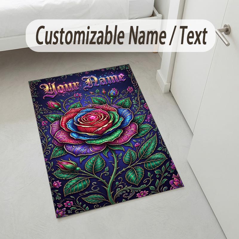 Floral Garden Theme Crystal Velvet Rug Personalized Custom Name Text Soft Floor Mat Home Decor