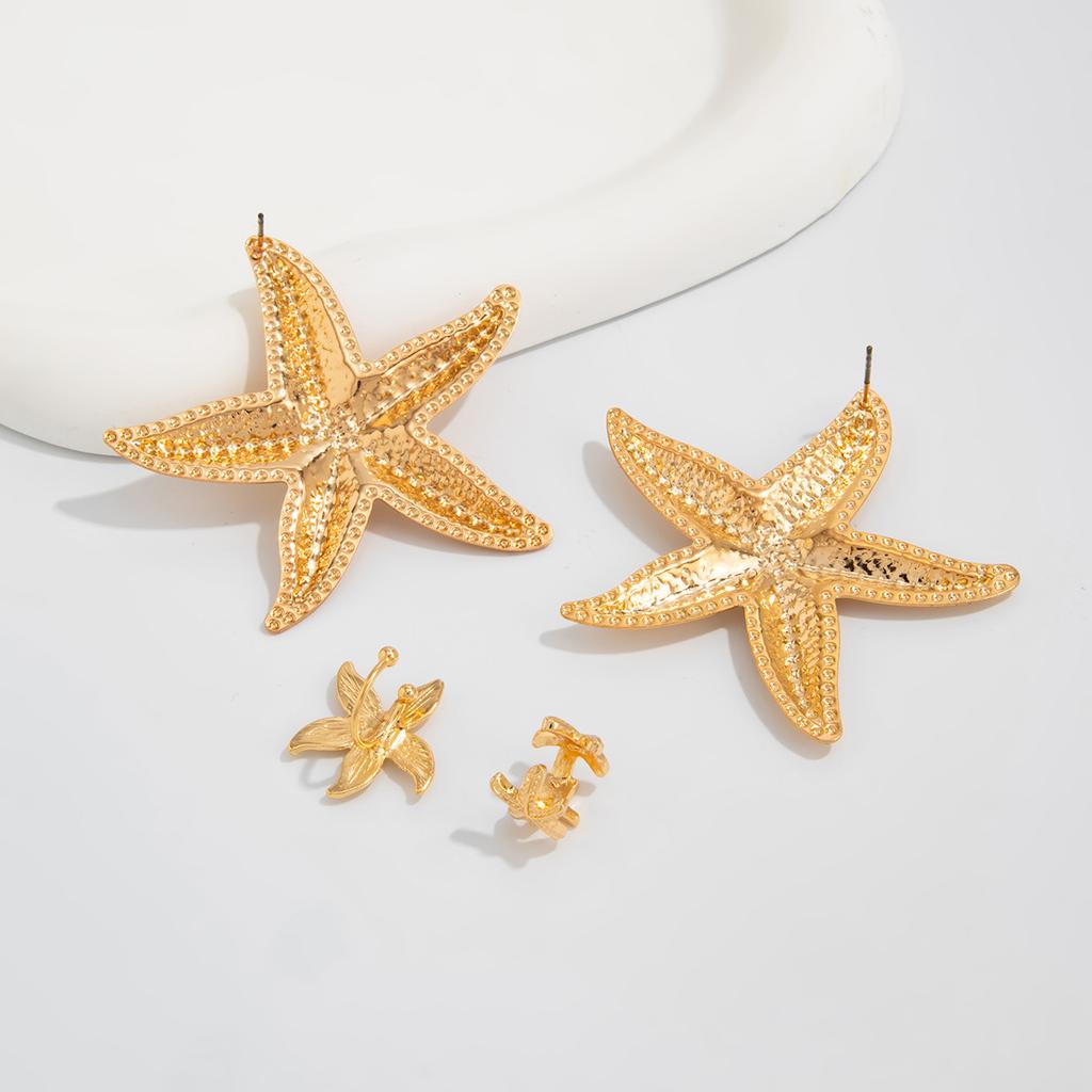 Bohemian-Style 4pcs Starfish Earrings Set Summer Beach Vacation Ear Clip Jewelry Party Gift Metal Star Flower Stud Earring