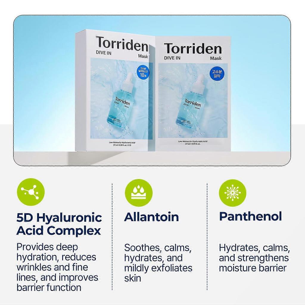 Masque Tissu Acide Hyaluronique Dive-In Torriden (10 pcs) - Masque Facial Hydratant 5D Coréen avec Panthénol & Allantoïne, Masque Visage Coréen