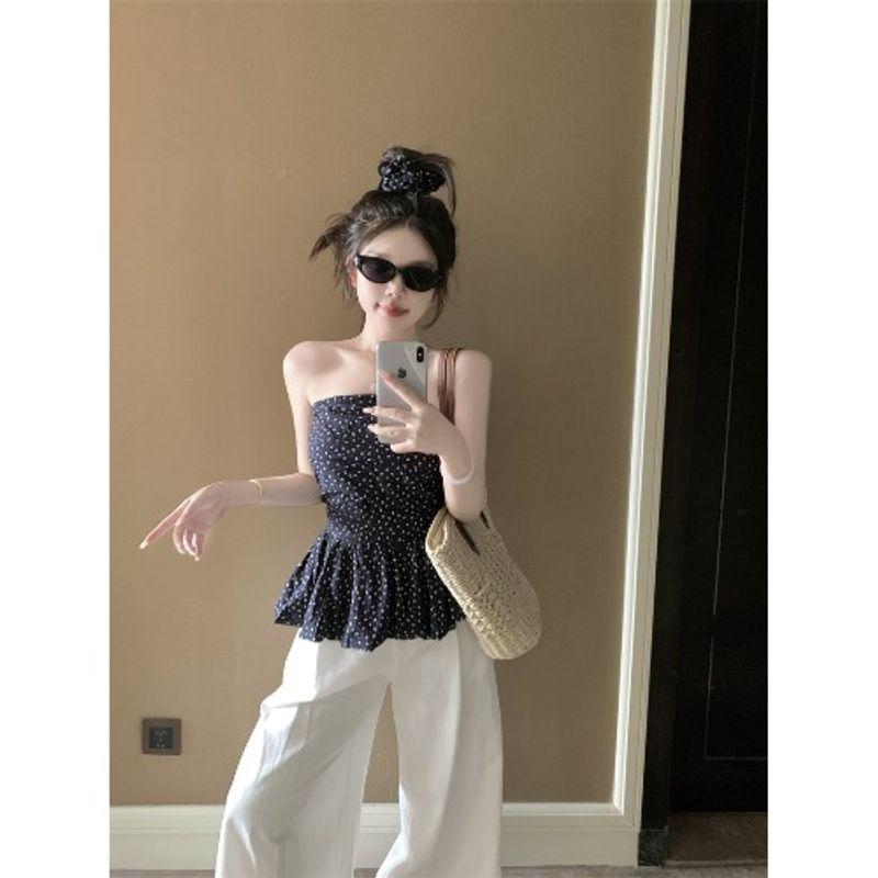 

Kumikumi Pure Desire Style Floral Pleat Tube Top Vest Women Summer Chic Age-Reducing Chic Slimming Sexy Top Image color L