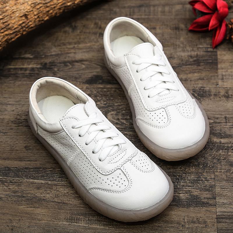 Fashion Handmade Shoes Women Flats Genuine Leather Flat Shoes Summer Breathable Hole Lace Up Pregnant Women Casual Shoes Size 41