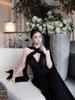 Elegant 2025 French Hepburn-Style Black Backless Ribbon Gown