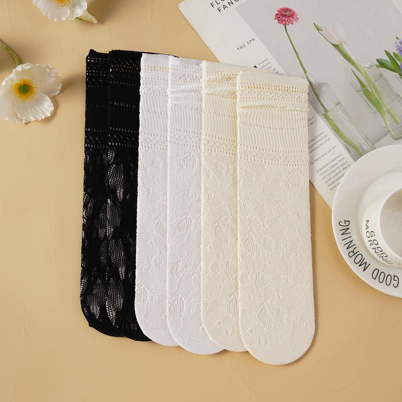 3 Pairs Lace Trim White Thick Summer Thin Socks Women's Breathable Mesh Hollow out Wood Grain Edge Mid-Calf Socks