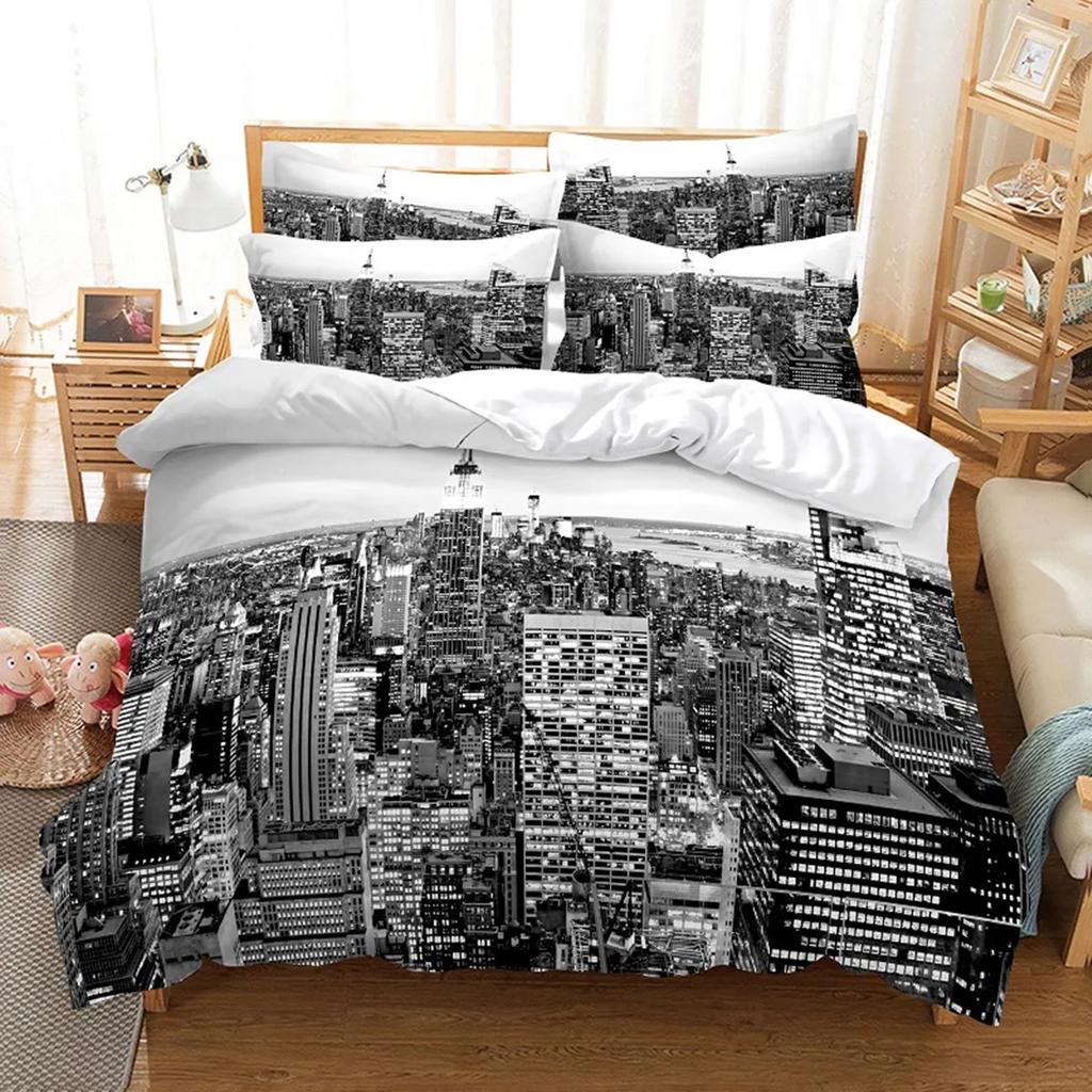 New York Bettbezug NYC Bettwäscheset Bedruckter Bettbezug Bequem Atmungsaktiv Luxus Baumwolle Steppdecke Kissenbezug Einzel KingQueen