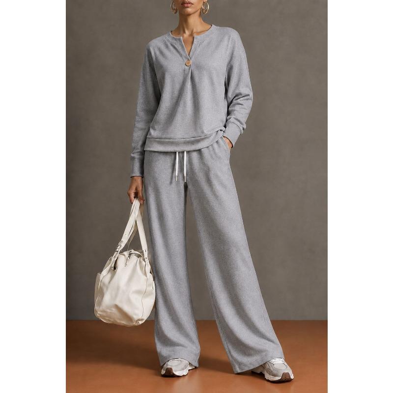 Damen Zweiteiliges Set Langarm-Sweatshirt und Weite Hosen Einfarbig Lässig