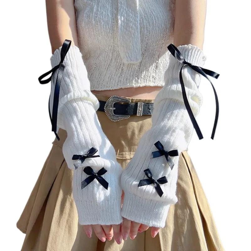 1pair Female  Fashion Arm Warmers Bowknot Soft Knitted Gloves Women Girl Half Finger Mittens Solid Color Thicken Arm Sleeves