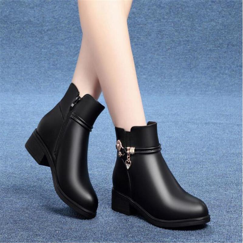 Winter Boots Genuine Leather Wedge Heels Women Snow Boots Famale Non-slip Warm Fur Ankle Boots Women's Casual Flat Shoes