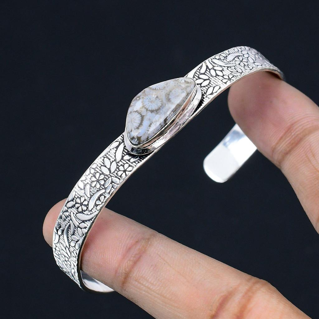 Sisters Day Deal Sterling Silver Fossil Coral Gemstone Engagement Bangle Jewelry