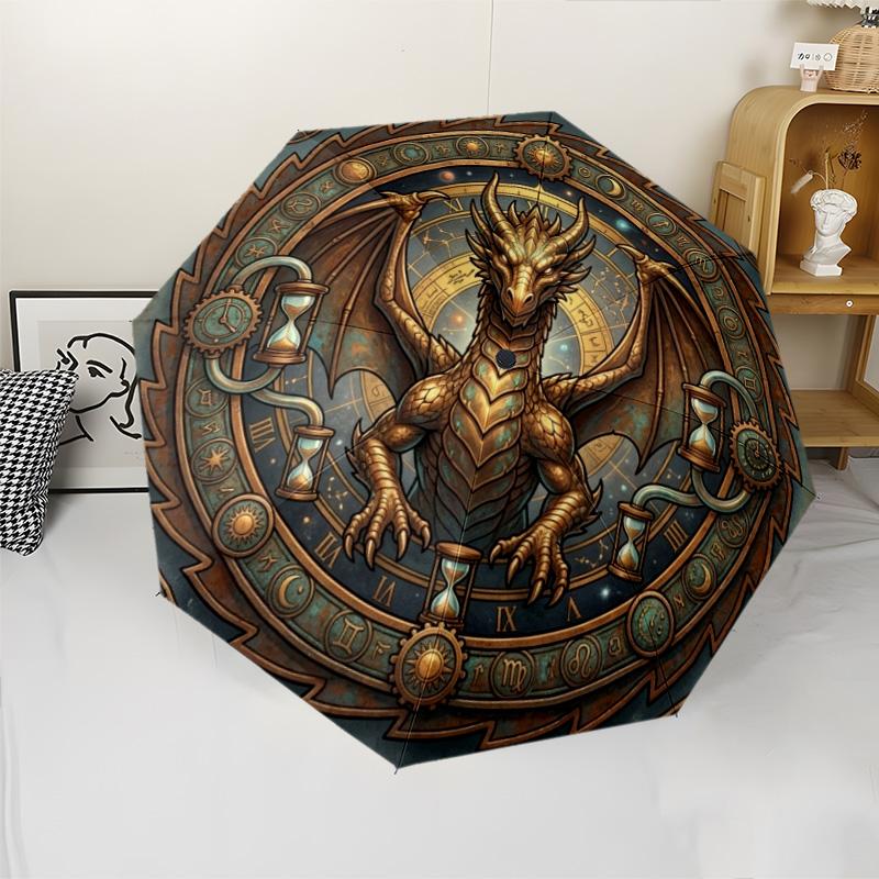 Steampunk Dragon Zodiac pattern umbrella, portable and foldable design, 8 ribs, a casual accessory for Halloween, Christmas, and birthday gifts.