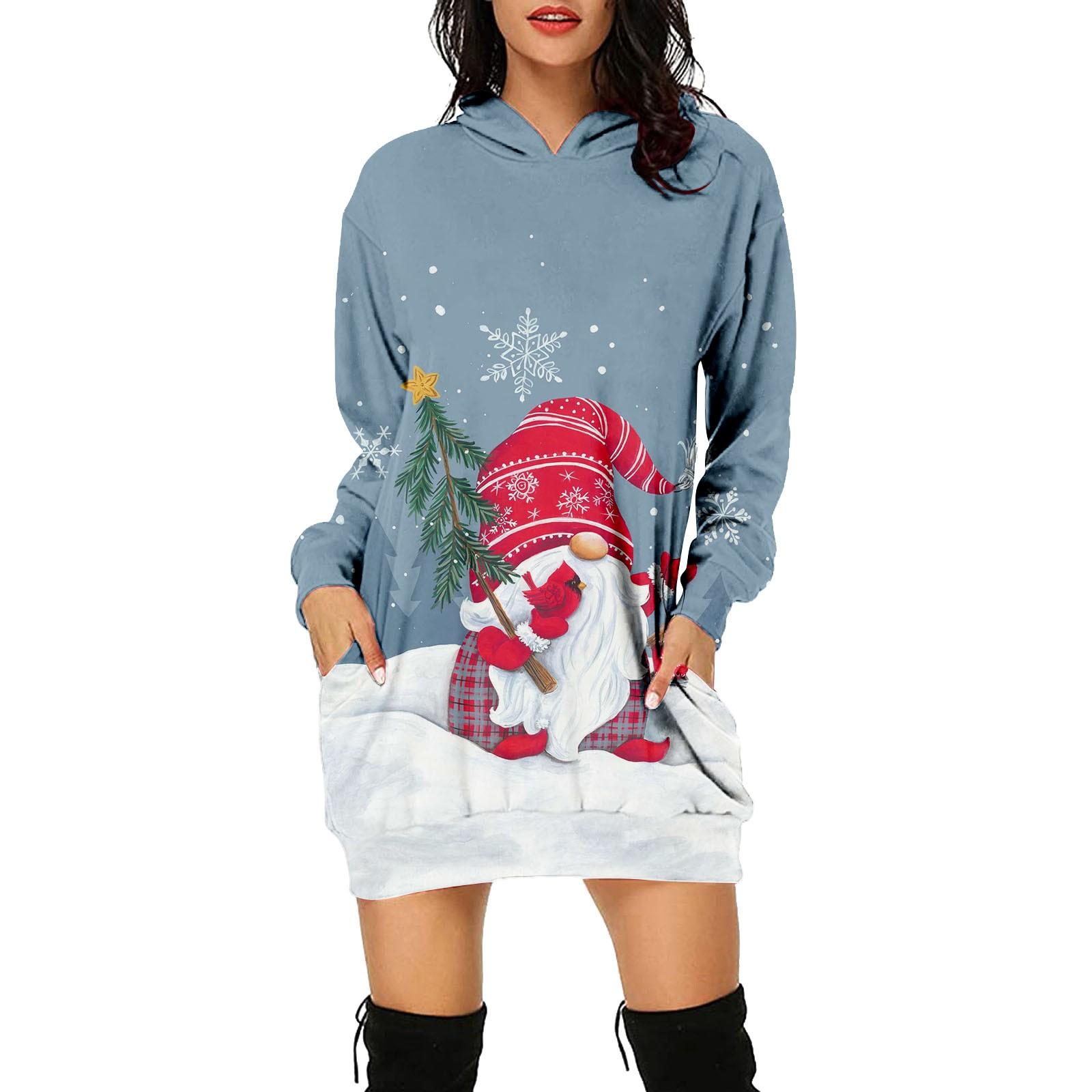 

Women s Fashion Christmas Printed Pockets Long Sleeve Hoodies Pullover Dress M білий