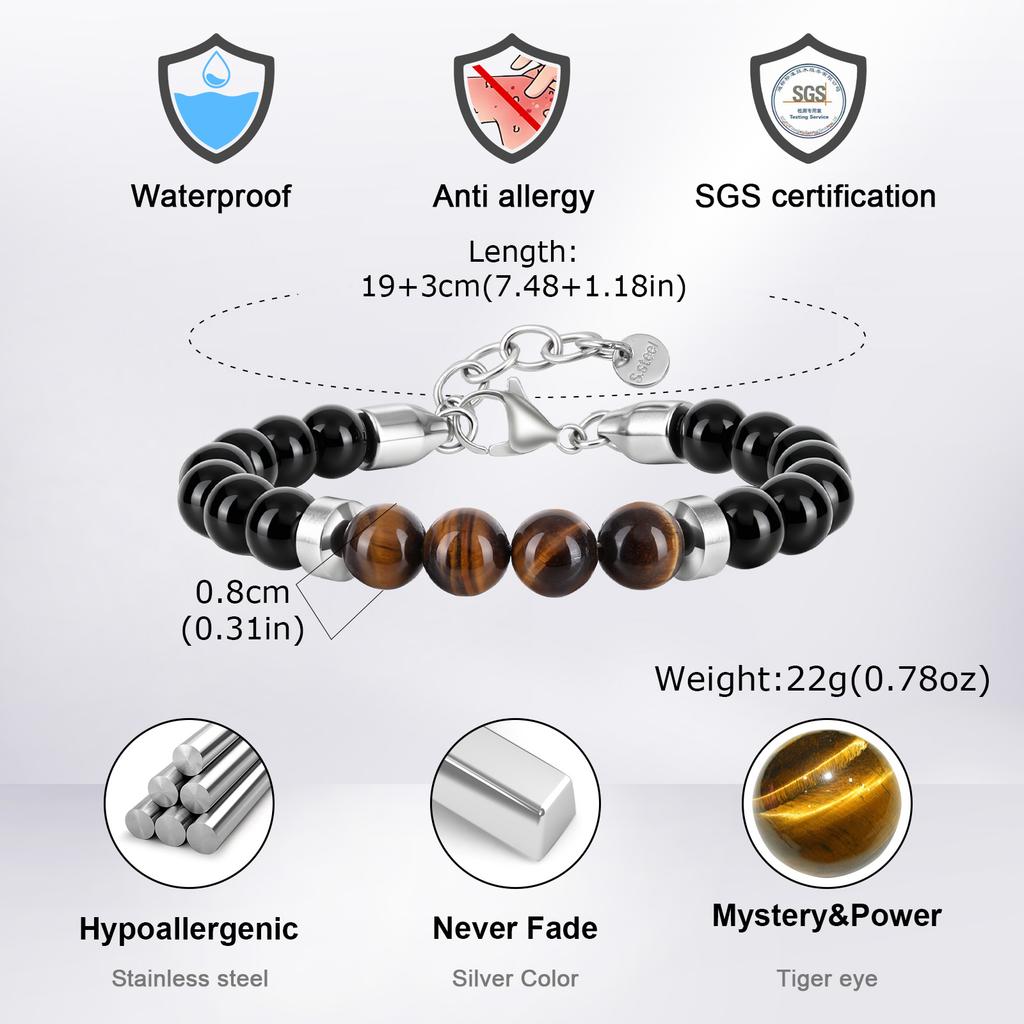 Herren Armband mit Perlen, Tigerauge Stein Schwarze Perlenarmbänder, Lässiger Schmuck Geschenk für Ihn Jungen