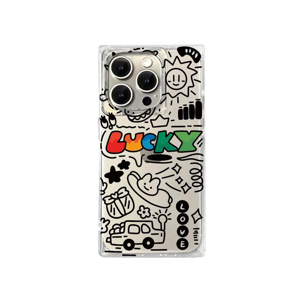 Transparent Square Back Tube Case Casing Protection For iPhone 12 13 11 16 ProMax 15 Plus 14 Pro Max Anti-Oxygen,Lucky Graffiti Pattern