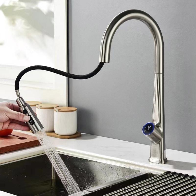 Gebürstetes Gold Smart Sensor Küchenarmatur Digitalanzeige Heiß-Kaltwasser-Mischbatterie Infrarot-Induktion Küchenspülenarmatur