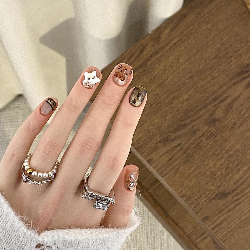 Meilade Cat Eye Leopard Print Amber Nails - Hand-Painted Cute & Cool Autumn/Winter Wearable