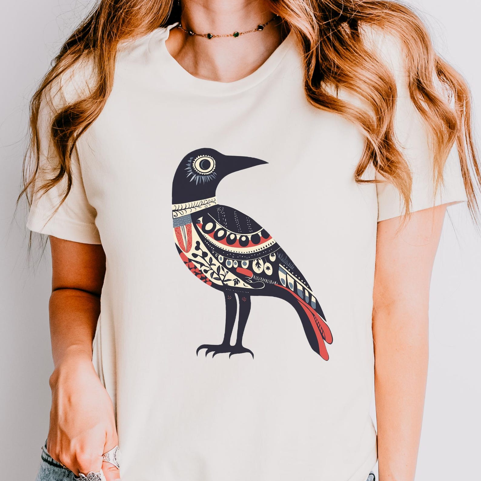 Folk Art Crow Shirt | Boho Raven Graphic Tee with Vintage Pattern Bird Design S