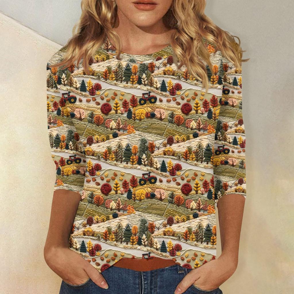 Damenmode Lässig Dreiviertelärmel Halloween-Print Rundhals-Top