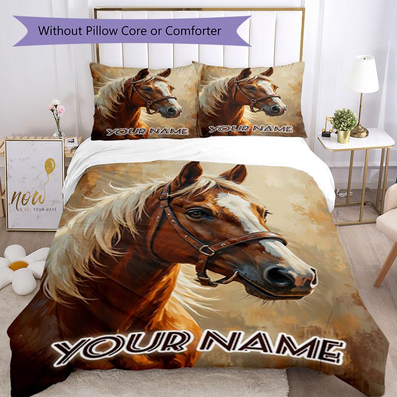 3PC Custom Name Horse Portrait Art Bedding Set Duvet Cover Closure Includes 1 Duvet Cover & 2 Pillowcases for Bedroom