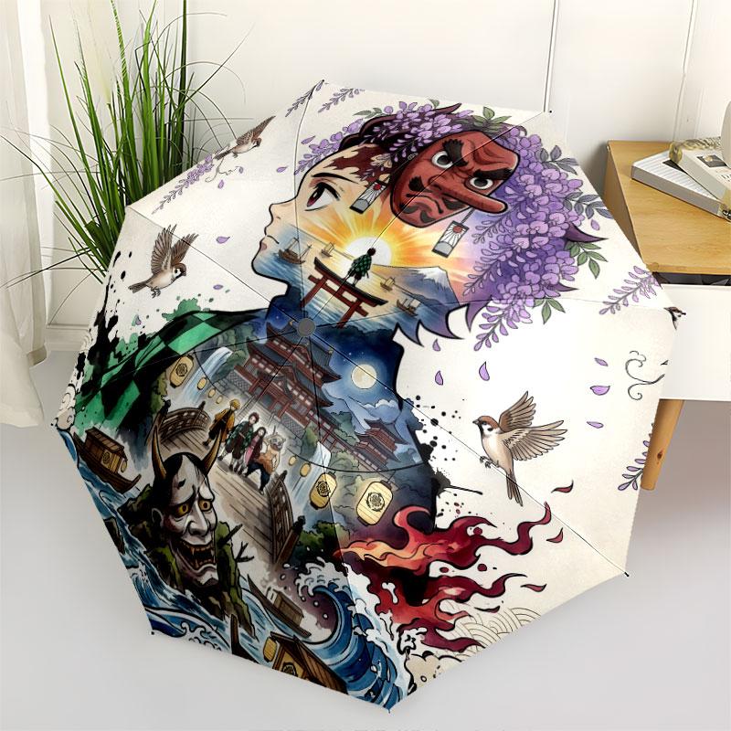 1 PC Automatic Folding Umbrella - Demon Slayer Kimetsu No Yaiba Pattern Portable Foldable Design With 8 Ribs Christmas Birthday Gifts