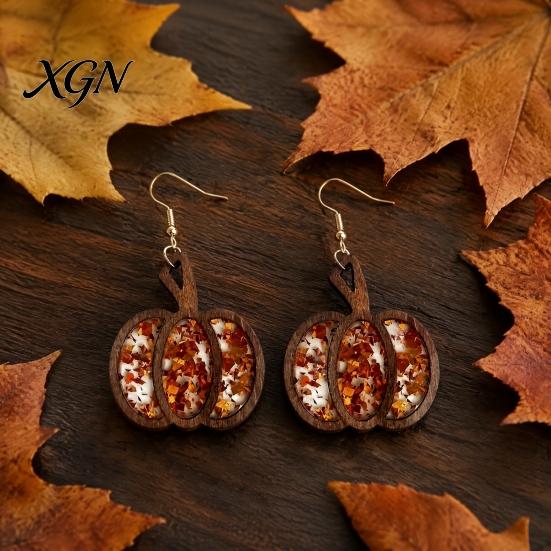 Gift for Her 1 Pair Fall Thanksgiving Pumpkin Earrings Women, Wooden Hypoallergenic Sensitive Ears Shaped Dangle Drop Earrings, Autumn Halloween
