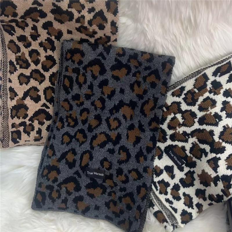 New Imitation Wool Knitted Scarf Women's Leopard Print Scarf Versatile Winter Cold Protection Thickened Warm Scarf
