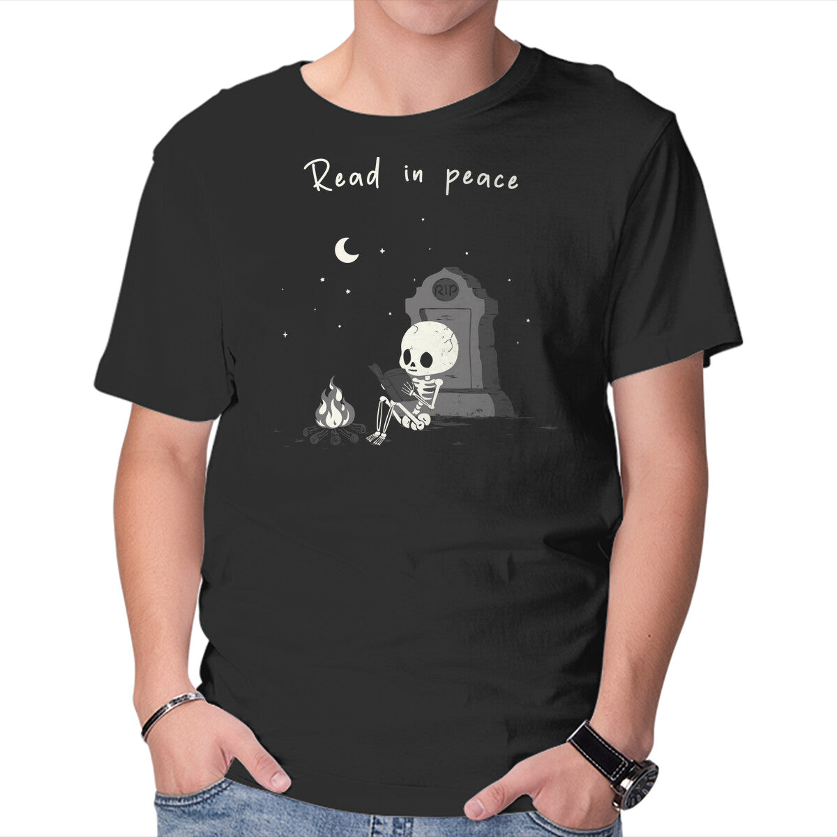 Unisex Crew Neck T-Shirt Skeleton Reading Graphic Short Sleeve Casual Tee S