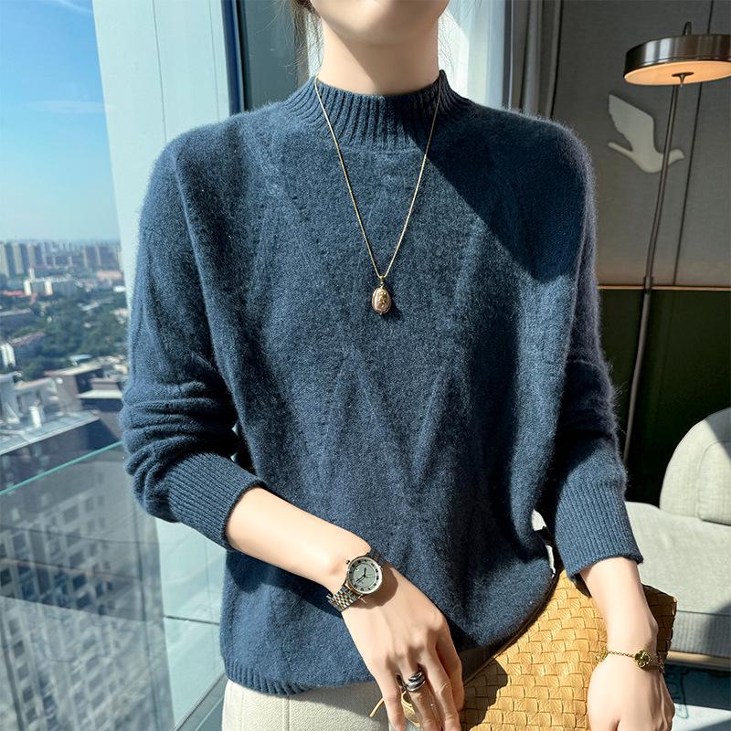 Women's Heavyweight Wool Diamond-Knit Sweater, Half-High Neck, Loose Fit.