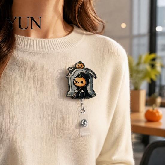 Cute Halloween Badge Retractable Reel, Pumpkin And Grim Reaper Design, Acrylic Teacher Reel Smooth Pull Cord Clip for Nurse Doctor ID Card Holiday