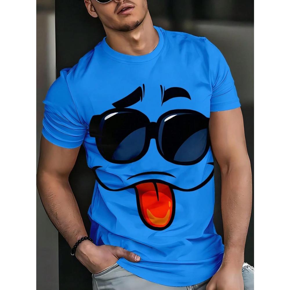 Herren Spaß 3D Gesichtsdruck Lässiges Rundhals Kurzarm T-Shirt, Lässiges Mode Sommer Kurzarm Oberteil. 100% Polyester, Leichter Stoff