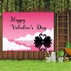 Romantic Swan Valentine Tapestry, Pink Sunset Sky with Heart-Shaped Swan Silhouettes, Sweet Romantic Wall Art