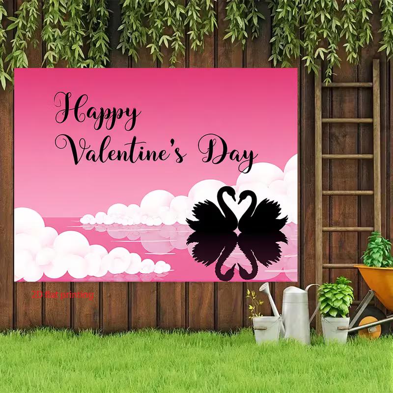 Romantic Swan Valentine Tapestry, Pink Sunset Sky with Heart-Shaped Swan Silhouettes, Sweet Romantic Wall Art