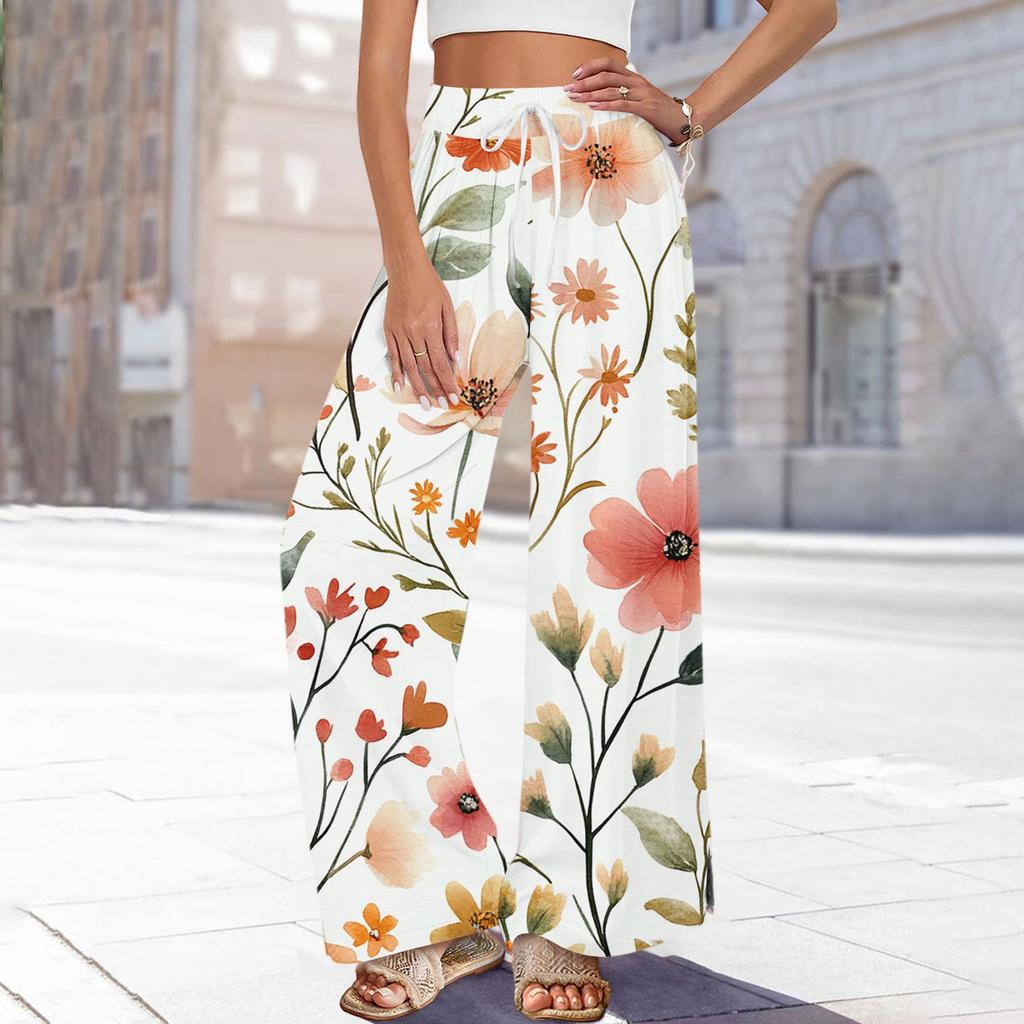 Women's Printed Wide Leg Pants With Pockets High Waist Drawstring Loose Casual Pants