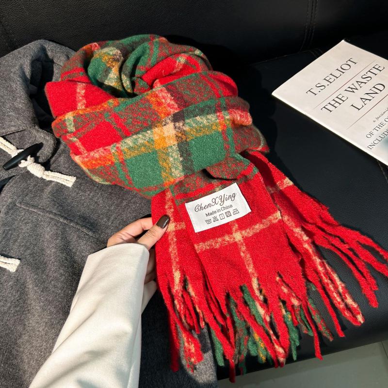 High-End Plaid Shawl for Women - 2025 Autumn/Winter Korean Style Thickened Imitation Cashmere Scarf