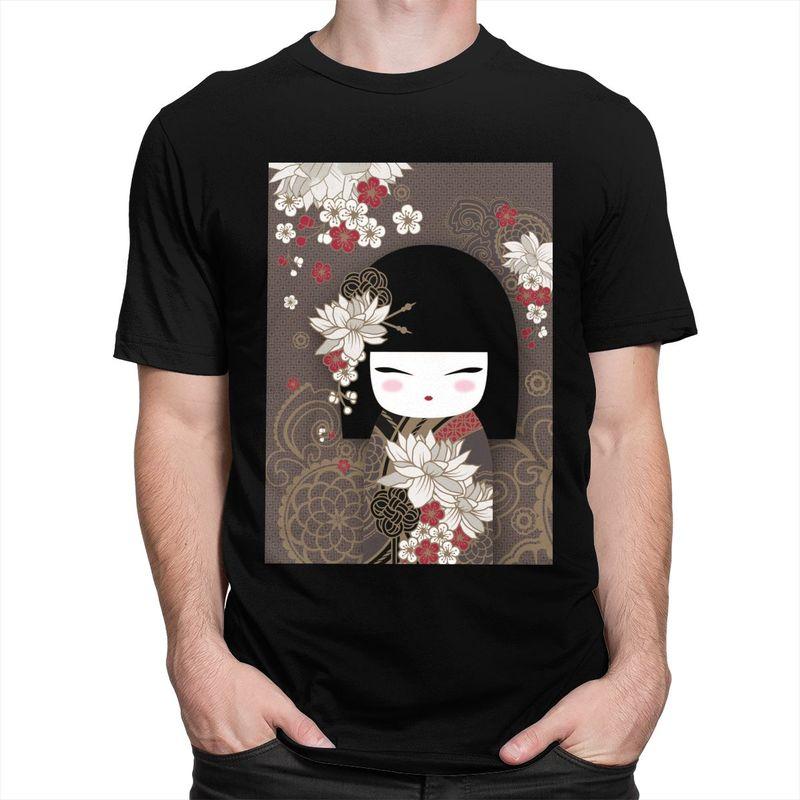 Custom Kokeshi Doll Cherry Blossoms T Shirts Men 100 Cotton Tee Tops Japanese Kimono Geisha Girl Tshirts Tshirt