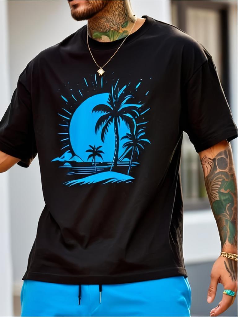 Europäische Größe Dieses Herren-T-Shirt zeigt ein Design mit tropischen Palmen neben einem Halbmond. Hergestellt aus weichem und atmungsaktivem Stoff