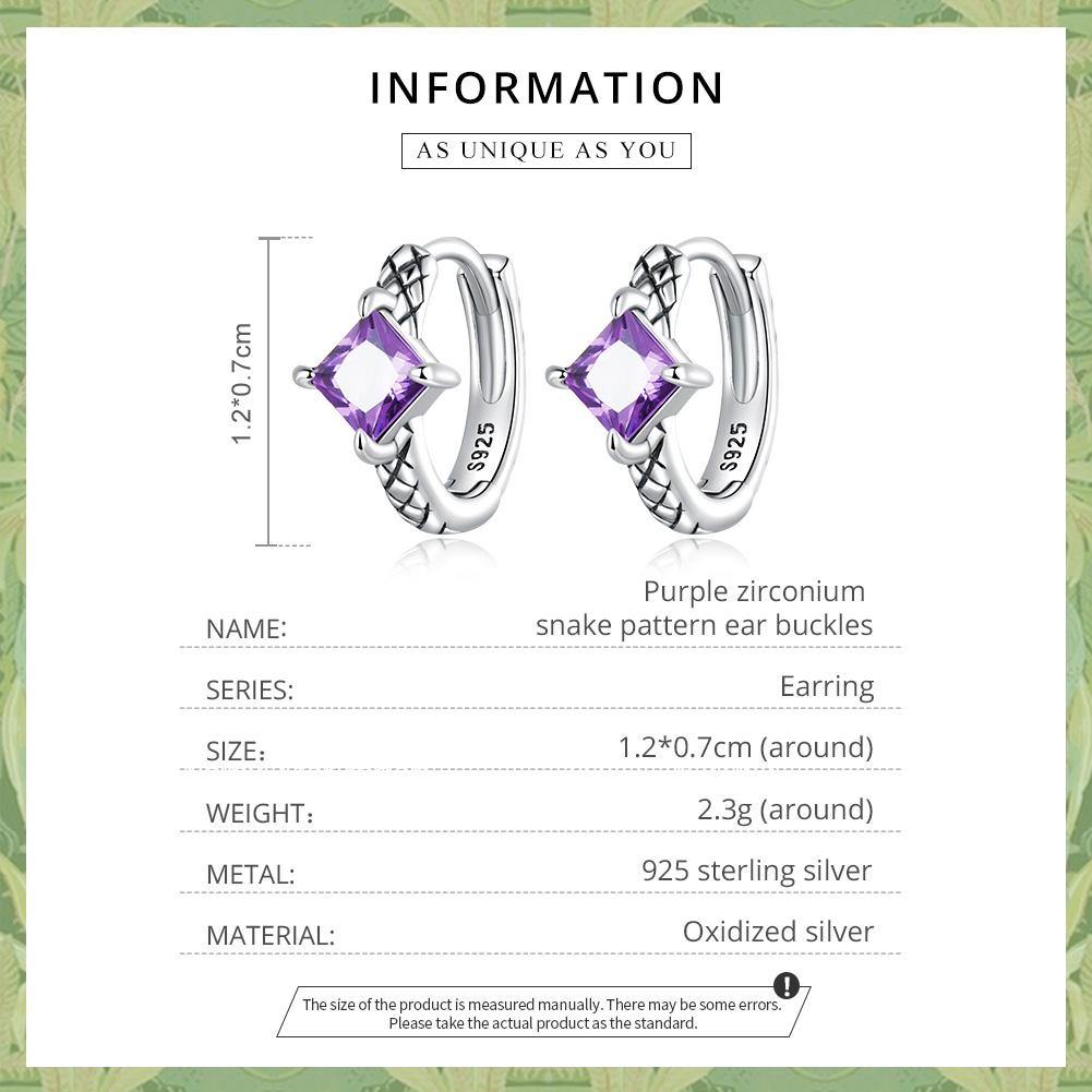 BAMOER 925 Sterling Silver Purple Zirconium Snake Pattern Ear Buckles for Women Fine Jewelry Luxury Brand Earrings Gift