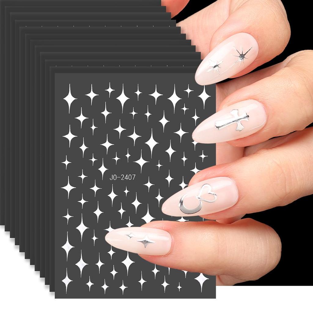 12-Sheet Embossed Silver Nail Art Stickers DIY Press-On Decals