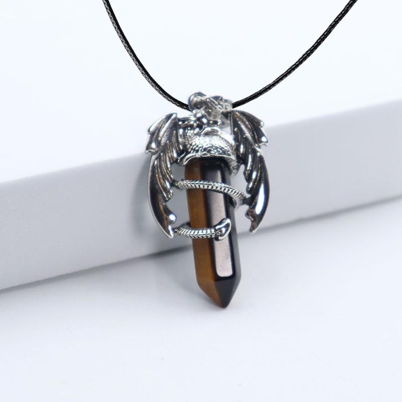 Animal Dragon Man Necklace Natural Gem Stone Healing Pink Quartz Hexagonal Crystal Pendant Vintage Jewelry for Women Gift