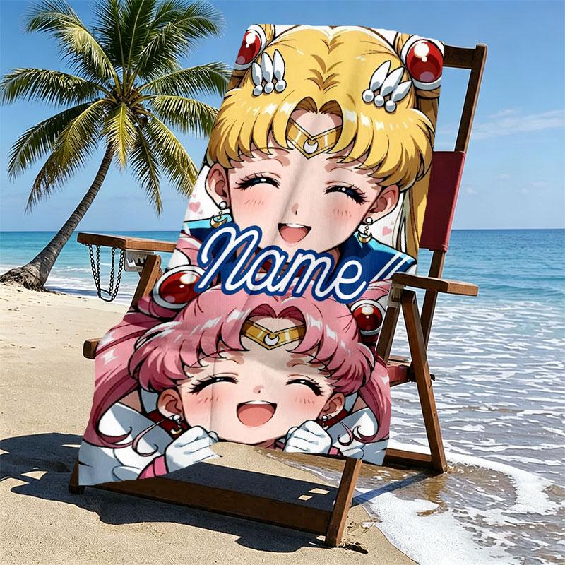Custom Name Personalized Sailor Moon Print Beach Towel, for Trip Camping Beach Party Home Decor, Birthday Gift for Family & Friends
