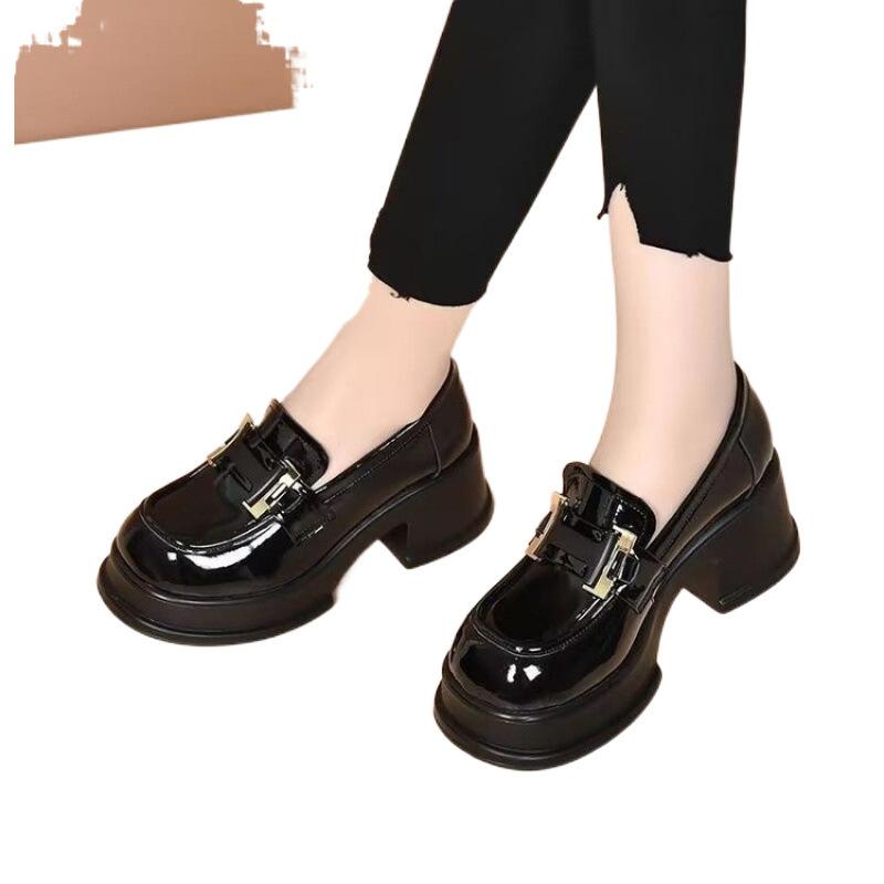 High-heeled platform loafers 2025 spring and autumn new small height-increasing single shoes British style one-pedal small leather shoes women