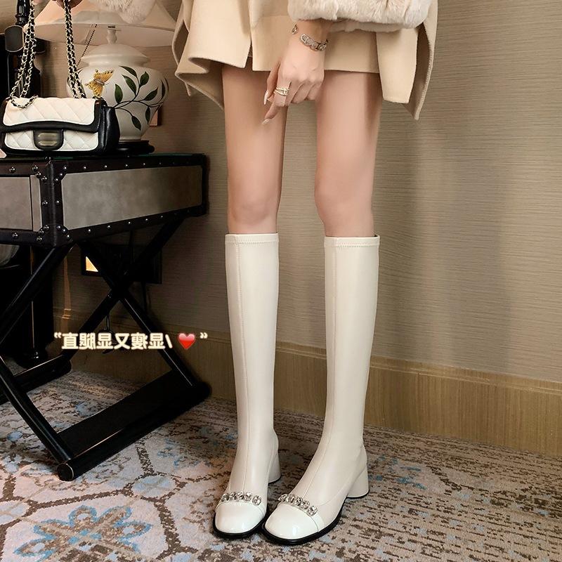 Skinny Boots Thick Heel White Diamond High Heel Fairy Elastic Korean Version Feng Shui Round Head Autumn and Winter Long Boots Female Tall Tube
