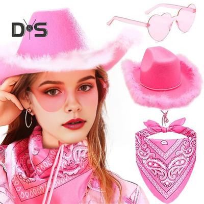 3 tk/komplekt Kauboi mütsikomplekt naiste roosa läänevilt Cowgirl müts Bandana Prillid Aksessuaarid Peakatted