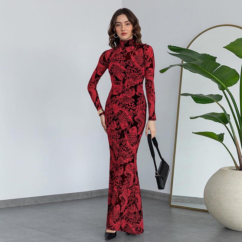 Vestido Maxi Elegante Feminino com Decote O, Estampado no Corpo, Mangas Compridas, Modelador de Corpo, Vestidos Robe, Roupa de Noite Feminina, Vestidos