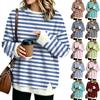 Women's Fashion Flannel Round Neck Two-Piece Striped Print Top with Spliced Design