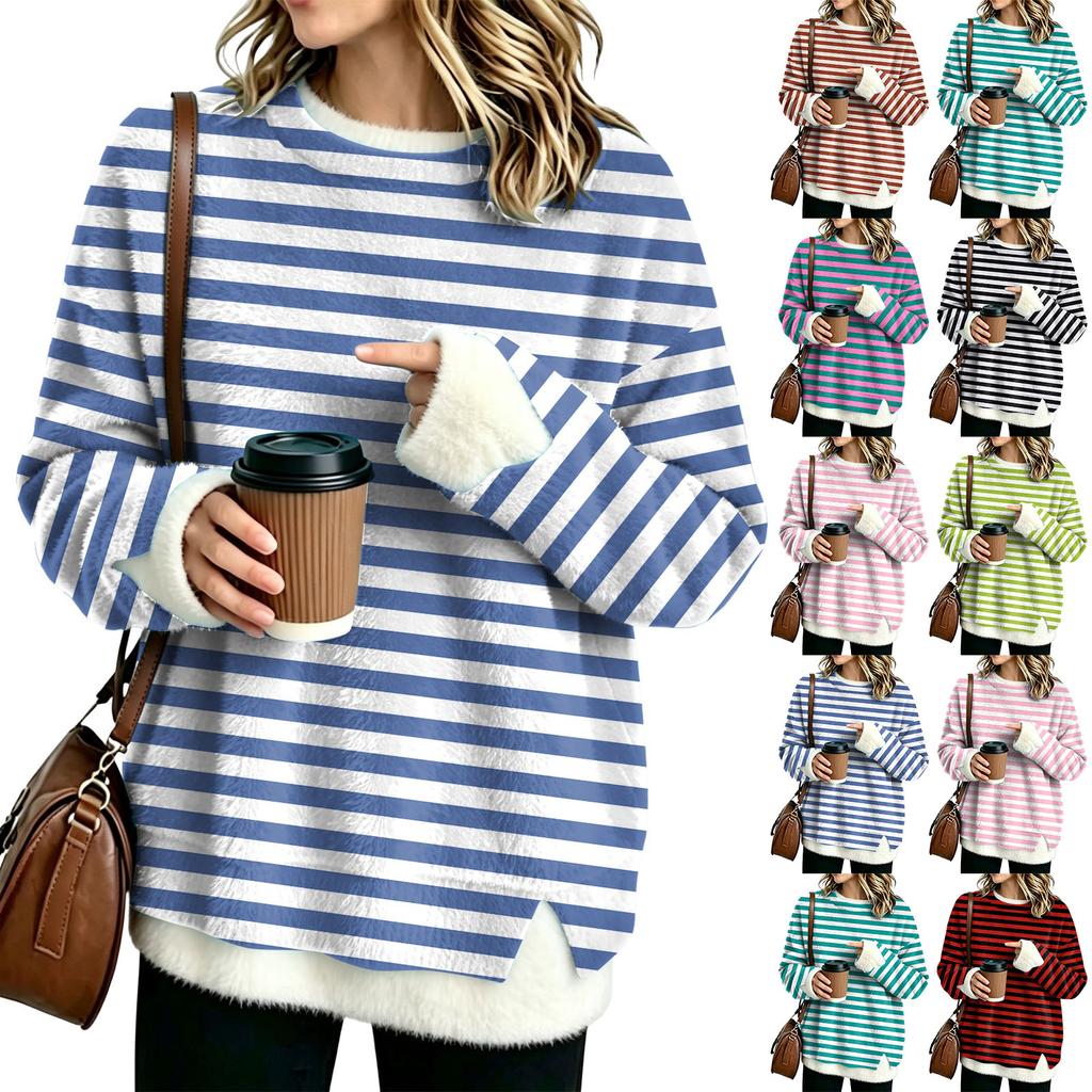 Women's Fashion Flannel Round Neck Two-Piece Striped Print Top with Spliced Design