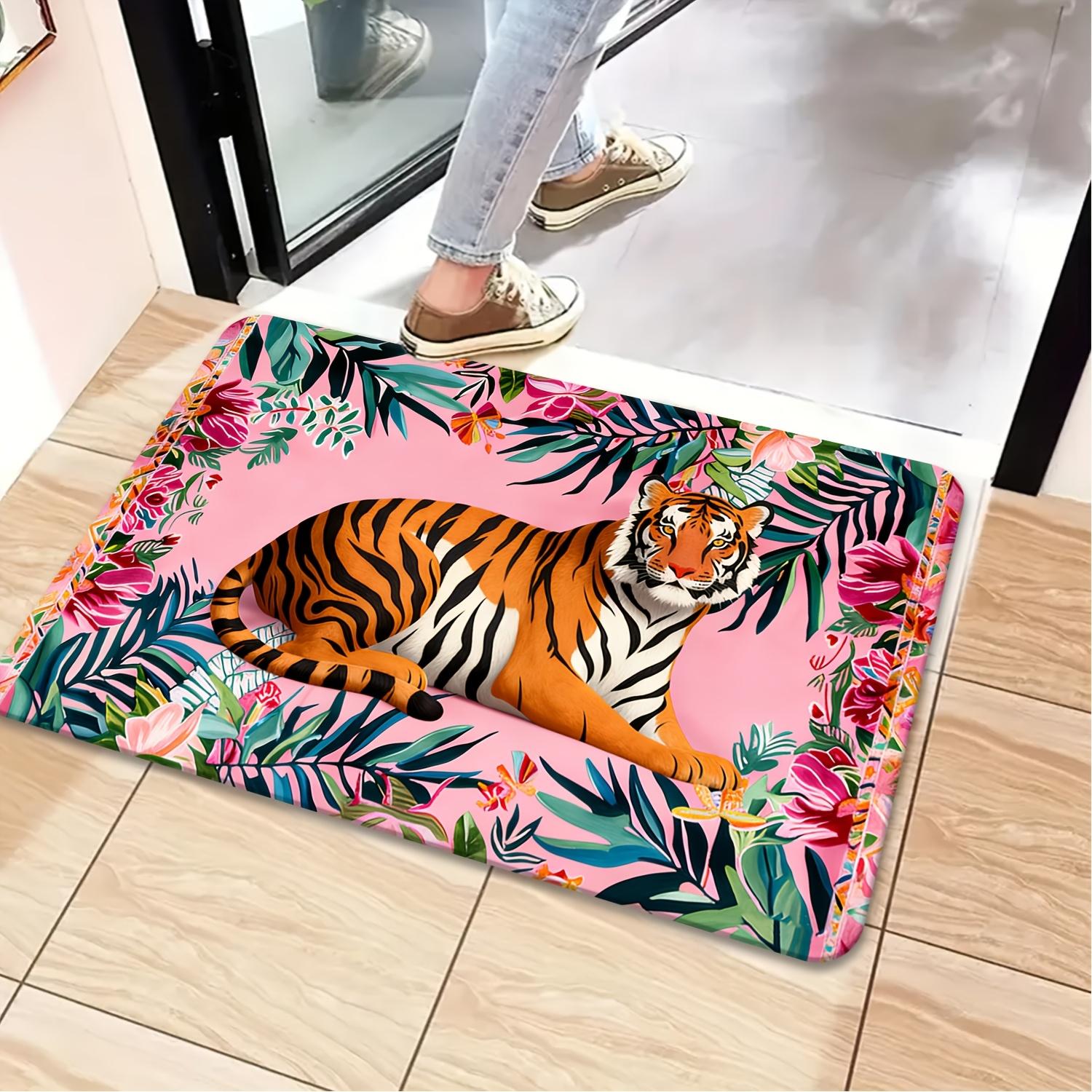 

1pc Tropical Floral Illustration Doormat Coral Pink Orange Green Polyester Hand Wash Only 80x50cm Decorative Use 40cm x 60cm